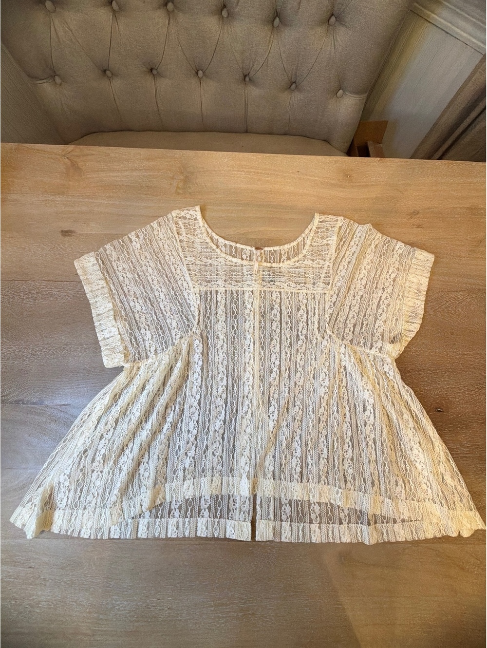 Free People Sheer Lace Boho Peasant Blouse Top Cream Ivory Small/petite